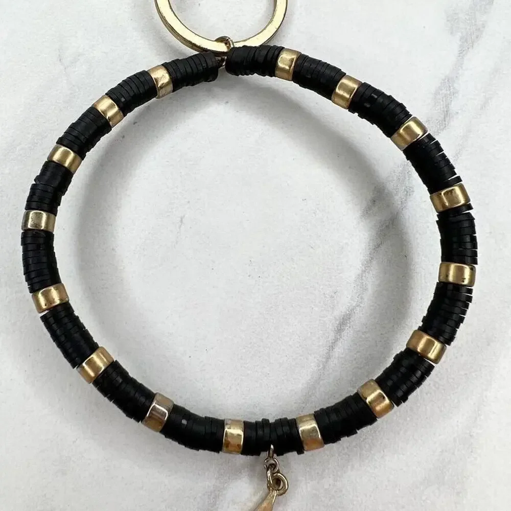 Gold Tone and Black Beaded Bracelet Lightning Charm Keychain Keyring